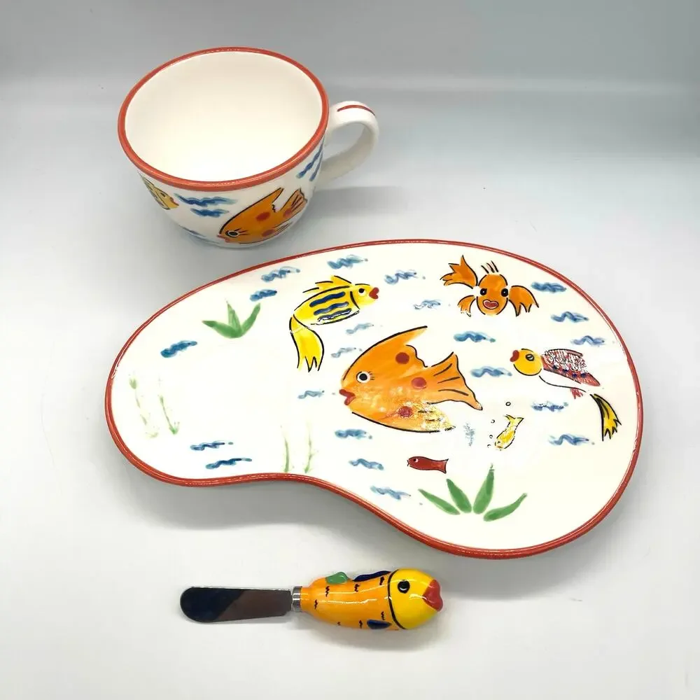 Les Tropiques Strata Snack Plate & Cup & Spreader Set Hand Painted Tropical Fish